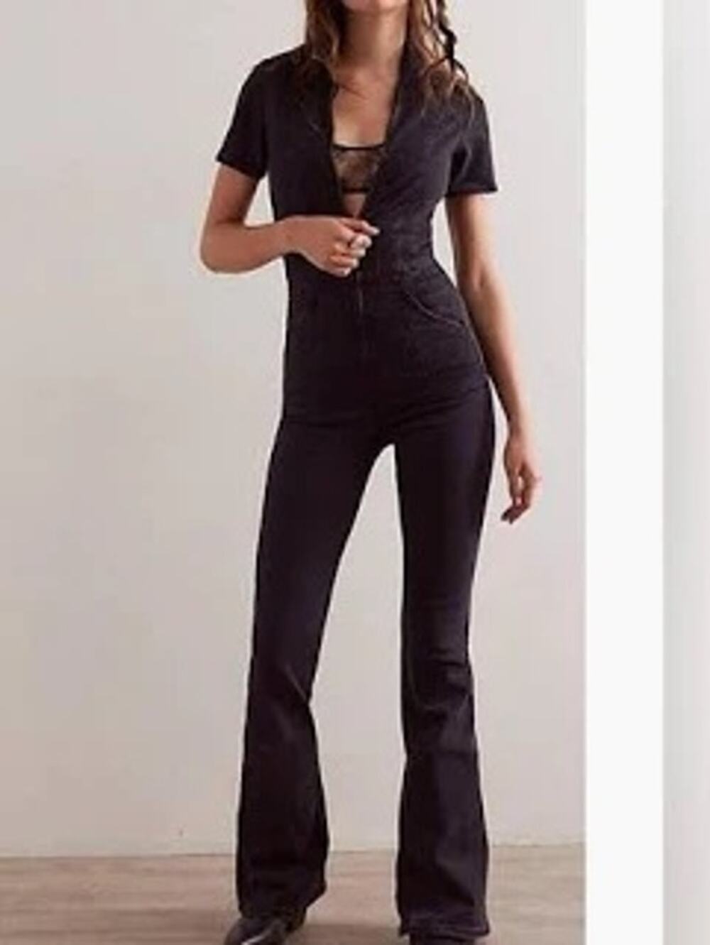 We The Free Jayde Denim Jumpsuit Fitted Black Flare Leg Sexy Sleek Womens Large